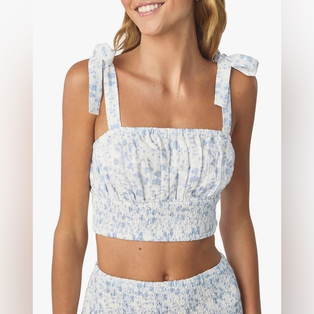 GARDEN PARTY SMOCKED CROP TIE TOP XL Blue & White Cotton Cottagecore Floral NWT